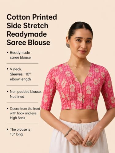 Image of Studio Shringaar Women's Cotton Printed Side Stretch (Smocked) Readymade Saree Blouse