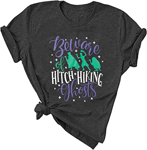 Beware of Hitch Hiking Ghost Shirt Women Funny Halloween Shirts Haunted Tshirt Ghost T-Shirt Short Sleeve Tee