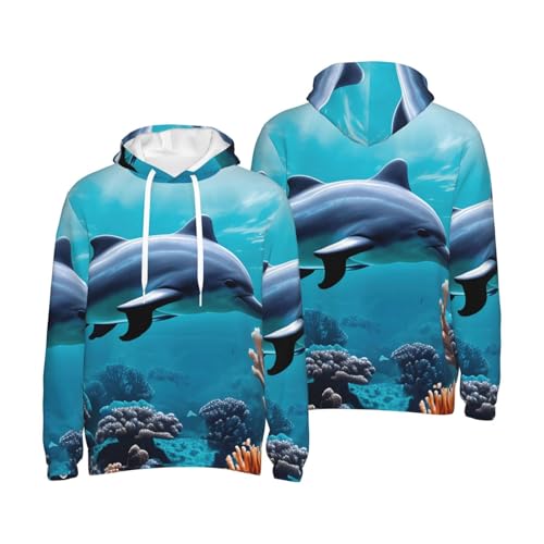 Sweat à capuche imprimé dauphins en polyester doux avec grande poche kangourou - 7