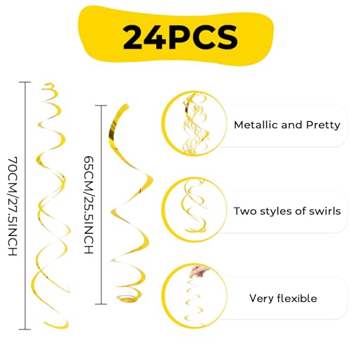 Image of 24 PCS Gold Foil Hanging Swirl,Sparkle Ceiling Hanging Decorations, Plastic Streamer Party Decorations,Swirl Decorations with Double-Swirls and Single-Swirls for Birthday,Graduation,Easter,New Year