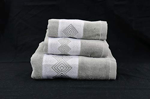 H & A Collection Marina Decoration Premium Luxury Decor Ultra Soft 100% Cotton Embroidered Bathroom Modern 3 Piece Towel Set, Grey Modern Square Pattern #TOP6