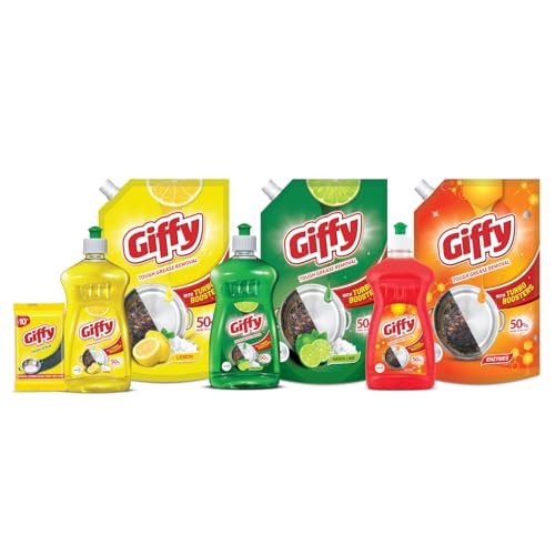Image of Giffy Liquid Dishwash Gel 900ml (Pack of 2) | Enzymes | 50% More Effective | Tough Grease Removal Expert | Turbo Boosters | Mild fragrance | Removes Tough Malodour | Hand-Safe
