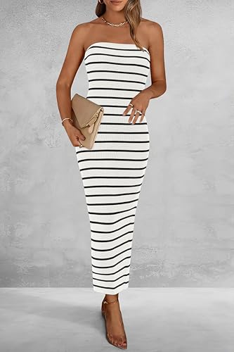 Image of BTFBM Casual Women's Summer Dresses Bodycon Maxi Tube Striped Dress Ribbed Knit Strapless Back Slit Long Dress Party Dresses
