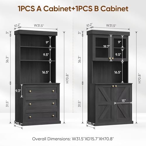 71\" Tall Farmhouse Kitchen Pantry, Large Storage Cabinet with Glass Doors and Drawers, Freestanding Coffee Bar Hutch with Microwave Stand, Adjustable Shelves for Kitchen, Living Room, Black 3 Pcs