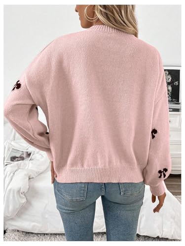 Women's Y2K Bow Print Sweater Crewneck Long Sleeve Drop Shoulder Knit Pullovers Sweaters2