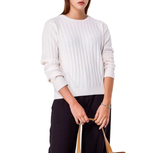 Image of Simple&Opulence Women's Long Sleeve Sweaters Cable Knit Crewneck 90% Wool 10% Cashmere Pullover Sweaters Tops Comfy