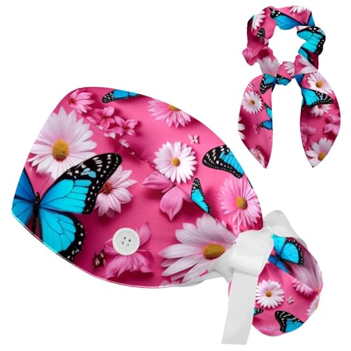 Image of Butterfly Scrub Cap Women with Ponytail & Buttons Adjustable Surgical Nurse Hat with Cotton Sweatband for Long Hair