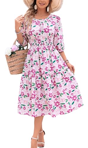 Image of Kormei Women Summer Casual Boho Floral Round Neck 3 /4 Sleeve Smocked Waist Tiered Flowy Swing Midi Dress XL White /Purple