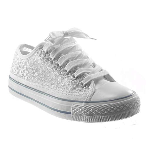 Angkorly - Chaussure Mode Baskets Femme Dentelle Pailettes Talon Plat 2 CM - Blanc - BL130 T 38