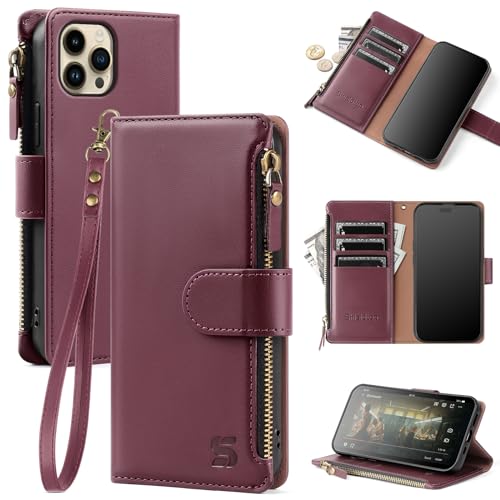 Shieldtop Compatible with iPhone 11 Pro Max Wallet Case with Card Holder Women Men RFID Blocking PU Leather Flip Cover Wrist Strap Zipper Credit Card Slots Phone Case for Apple 11 Pro Max Wine Red
