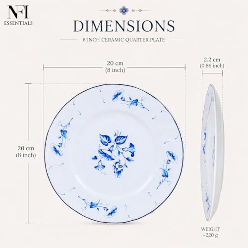 Image of NFI essentials 8 inch Ceramic Quarter Plate with Elegant Blue Floral Design, Premium Serving Plate for Snacks, Desserts, Breakfast & Appetizers, Dishwasher Safe