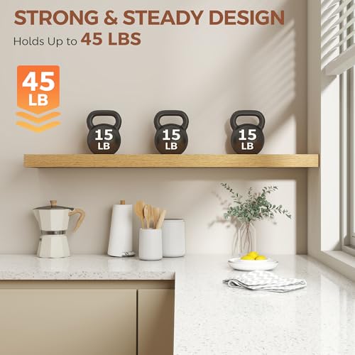 Image of Dreamland 48 Inch Floating Shelves for Wall,8 Inch Deep Floating Shelves,48 inch W x 8 inch D Wall Shelves for Bedroom,Living Room,Kitchen,Bathroom,Oak Color,Set of 2