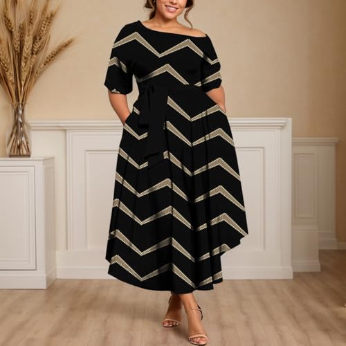 Image of Plus Size Women Wedding Guest Dress Off Shoulder Boat Neck Irregularly Flowy Midi Church Dress