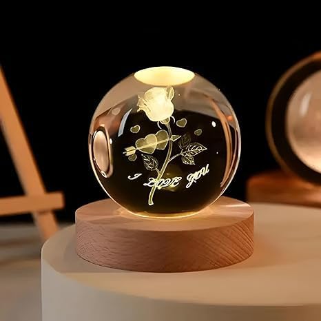 Image of STARKENDY 3D Rose Crystal Ball LED Night Lamp, Creative Engraved Night Light Wooden Base, Warm White Decorative Table Lamp for Home, Office, Bedroom, Birthday Gift