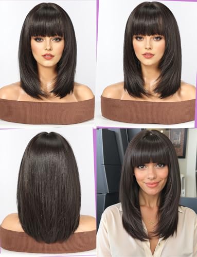 WOKESTAR Staright Wig with Fringe Synthetic Mid-length Layered Wigs for Women Natural Black Color, 22 inches - Image 2