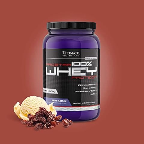 Ultimate Nutrition Prostar Whey Protein Powder Blend of Whey Concentrate Isolate and Peptides - Low Carb, Keto Friendly, 25 Grams of Protein - 30 Servings, Rum Raisin, 2 Pounds Cover