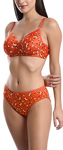 Image of FIMS - Fashion is my style Cotton Flower Print Padded Bra Panty Set for Women, Non Wired, Full Coverage, Tshirt, Back Closure, Push up, Teenage, Regular, Soft Cups