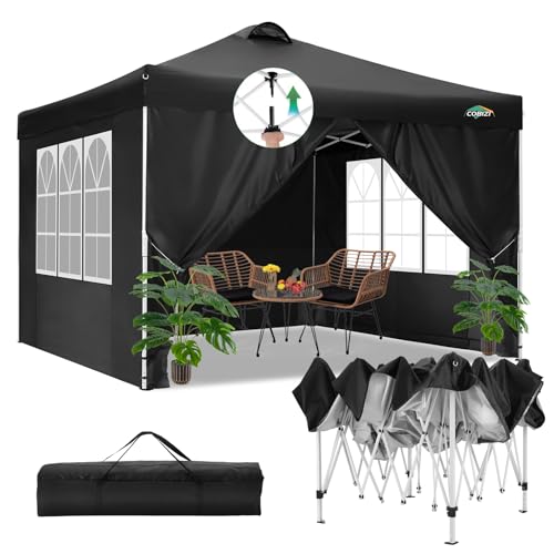 COBIZI Canopy Tent 10x10 Pop Up Outdoor Canopies with 4 Sidewalls Waterproof Commercial Instant Gazebo Tents for Party Patio Backyard with 4 Sandbags, 4 Stakes & 8 Ropes, Black
