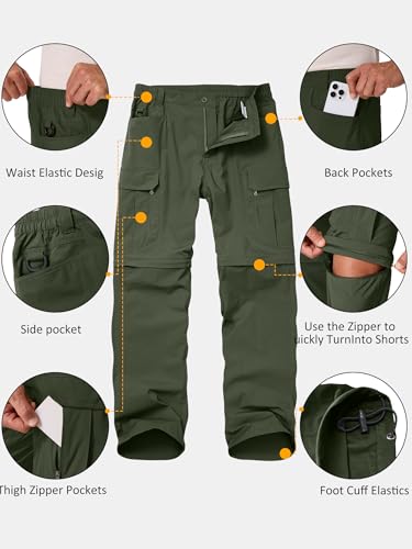 Mens Hiking Convertible Cargo Pants Lightweight Quick Dry Zip Off Waterproof Outdoor Safari Travel Fishing Hunting Tactical Pants,227,Army Green-30 - Thumbnail 3