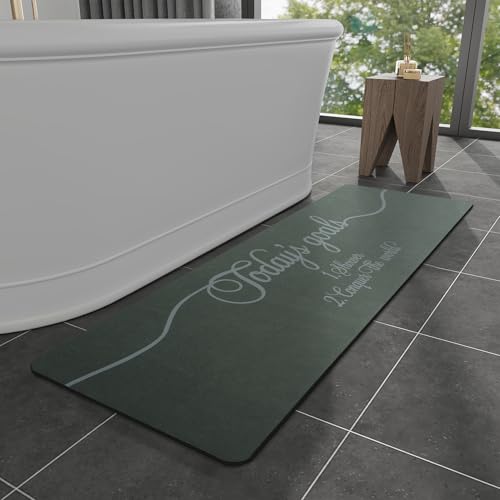 MontVoo -Bath Mat Rug- Non Slip Quick Dry Absorbent Thin Bathroom Rugs Fit Under Door-Faux Suede Surface Bathroom Floor Mats-Shower Rug for in Front of Bathtub Shower 17 X59 Green Text Patte