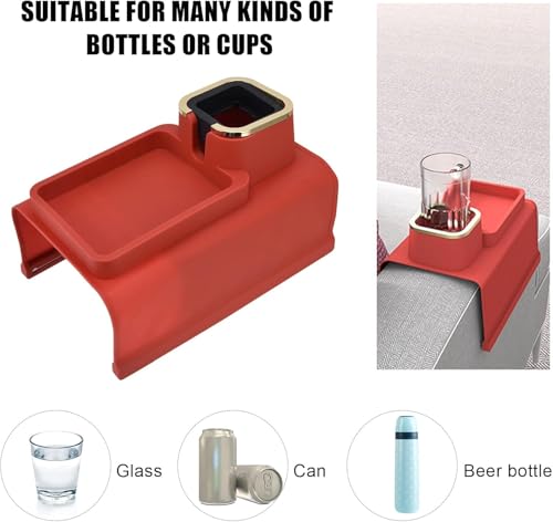 Image of Silicone Couch Cup Holder, Tray Anti-Spill Sofa Drink Coaster Anti-Slip Armrest Cup Holder Suit Tray for Remote, Snacks, Tissue, Magazines, Cellphone and iPad, Gift for Family, Friend (Red)