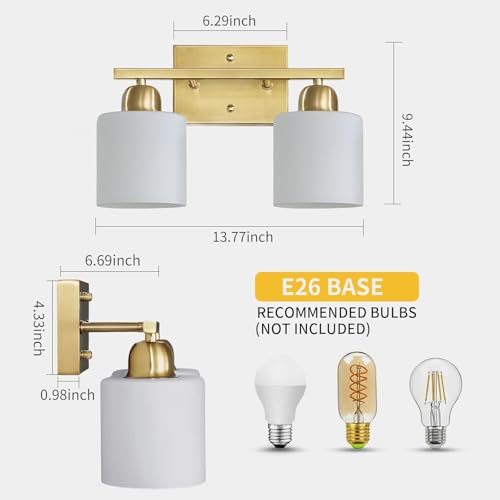 Image of 2 Light Bathroom Vanity, Bathroom Lights Over Mirror with Milky White Frosted Glass Shades, Gold Vanity Light for Mirror Living Room Bedroom Hallway E26 Base