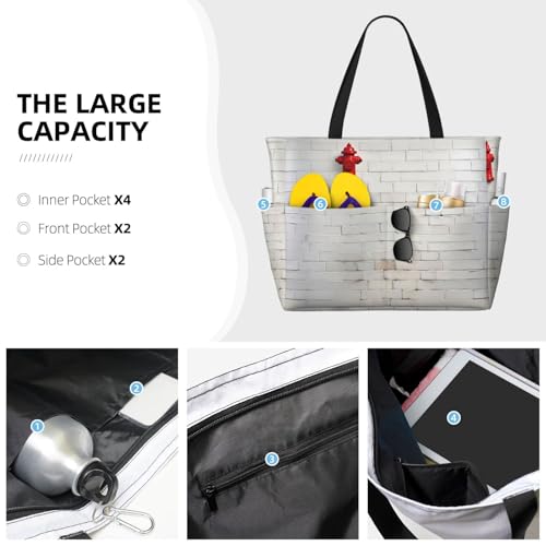 Old White Brick Wall Print Beach Tote Bag Large Travel Bag With Zipper And Pockets Lightweight Gym Bag3