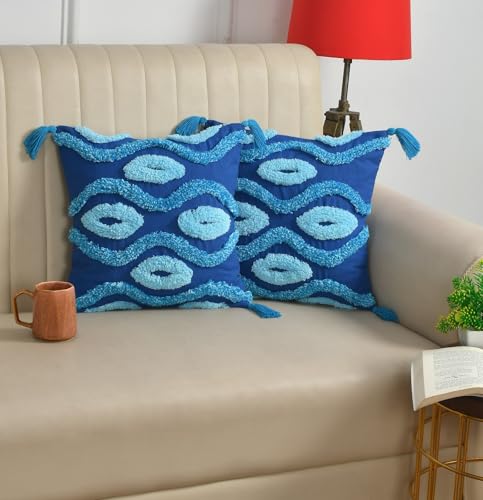 Image of TIB Premium Boho Cushion Covers 16 inch x 16 inch | Decorative Throw Pillow Covers Set of 2 with Tassel Accent for Sofa, Couch, Living Room & Bedroom | Blue Diamond