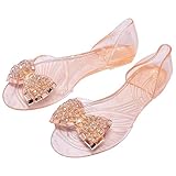 Qilunn Women's Crystal Sandals Bow Pearl D-orsay Jelly Slip on Outdoor Rain Flats Sandals(US 9 GOLD)