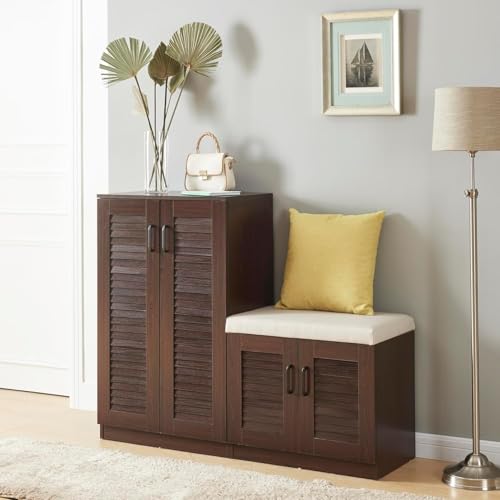 [en.casa] Schuhschrank Løten Schuhregal mit 4 Türen und 9 Ablagen Schuhablage 120 x 36 x 97 cm bis zu 18 Paar Schuhe mit gepolsterter Sitzbank Schuhaufbewahrung Wenge