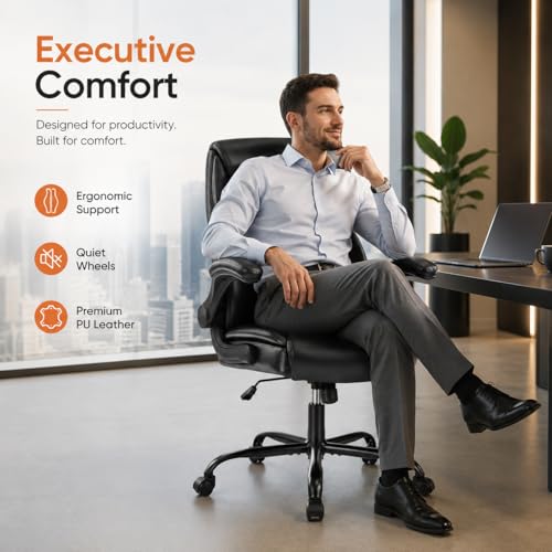 Image of Ergonomic PU Leather Office Chair - Executive Computer Desk Chair with Lumbar Support & Wide Seat, Adjustable Height Task Chair with 360 Swivel & Quiet Wheels for Home Office, Gaming, Black