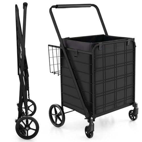Robuster faltbarer Einkaufswagen mit Rädern, extra Korb und Schaumstoffgriff, Mehrzweck-Schiebe-/Ziehwagen für Wäsche, Supermarkt, Reisen