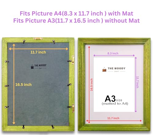 Image of A4 Size Wooden Photo Frame with Mat, Green Photo Frame for Wall Decoration, Home Decor for Wall Hanging, Best Wooden Photo Frame for Posters and Photos (A3 Size Matted to A4 Size)