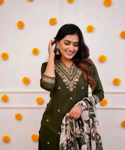 Image of Women's Viscose Rayon Kurta, Pant & Dupatta Set Embroidered Work V Neck 3 /4th Sleeves Straight Salwar Suit Dupatta Set || Comfortable Outfit For Wedding
