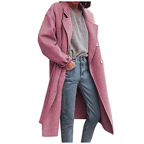Ulanda Women's Winter Coat Elegant Notched Lapel Double Breasted Trench Coat Women's Raw Cut Hem Waterfall Collar Long Sleeve Wrap Trench Pea Coat Cardigan Pink