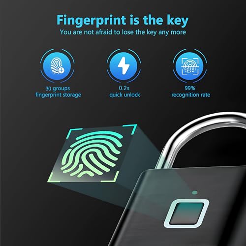 Image of Pothunder Fingerprint Smart Padlock Lock, Biometric Metal Keyless Thumbprint Lock, Waterproof, USB Rechargeable, for Gym Locker, School Locker, Luggage, Backpack, Suitcase (DarkBlack)