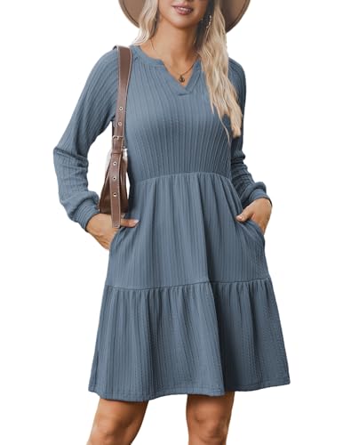 Zeagoo Kleid Damen Elegant V-Ausschnitt Strickkleid Langarm A Linie Gerippt Herbstkleid Knielang Pulloverkleid Mit Taschen Hellblau M
