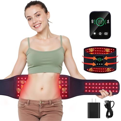 Woman demonstrating a red light therapy belt for back and abdomen, featuring LED lights and a control panel, highlighting wellness and fitness technology.