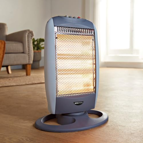 Halogen-Heizstrahler Bergström mit 3 Heizstufen – max. 1220 Watt - 75°-Oszillation - Sicherheits-Kippschalter – sofortige Wärme nach Einschalten – Cool-Touch-Gehäuse- Größe: 48x31x22 cm