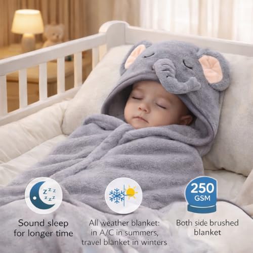 Image of BRANDONN Baby Blankets New Born Pack of Hooded Wrapper Blanket Or Baby Bath Towel (Grey Elephant, 0-12 Months, 75 cm x 75 cm)