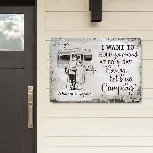 Personalized Aluminum Camping Sign - "Hold Your Hand at 80" Custom Outdoor Decor for Couples, Perfect Gift for Adventurous Seniors - Image 2