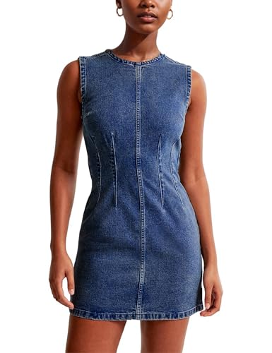 Image of Daacee Women's Sleeveless Denim Mini Dress Sleeveless Waist Tucks Zipper Short Tank Jean Dresses Concert Outfits