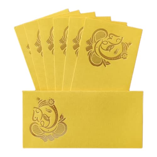Image of Pack of 25 Matellic Bright-Yellow Colourful Designer Shagun Lifafa /Money Gift Envelope with Golden Ganesha for Gifting Money on Wedding, Birthday & Any Other Occasion