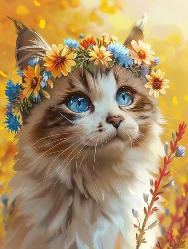 Broderie Diamant Chat Fleurs Premium - Kit Complet Artisanat Cristal 90x120