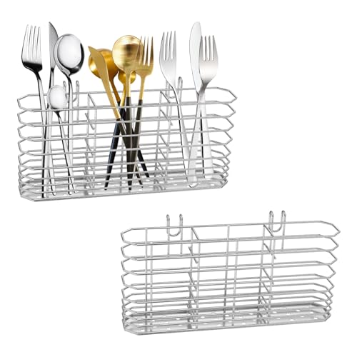 2Pcs Stainless Steel Utensil Holder With Hooks, Dish Drying Rack Cutlery Holder, Kitchen Hanging Basket for Knife Fork Spoon, Quick Drying Compartmental Utensil Drainage Rack Sink Organizer