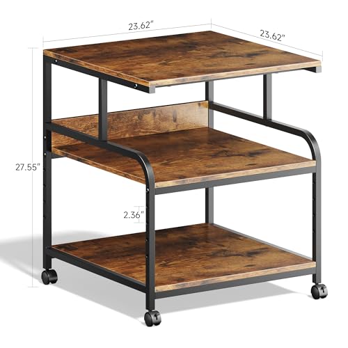 Image of Warmiehomy 24x24 inches Printer Stand with Adjustable Storage Shelf - Large Printer Table with Wheels - 3 Tier Rolling Cart - Use for 3D Laser Printer Mini Fridge Home Office (Brown)