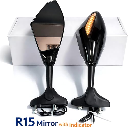 Image of R15 Side Mirror with Built-In LED Indicator, Black, compatible with Yamaha R15, Suzuki Burgman, Bajaj Pulsar RS, Pair