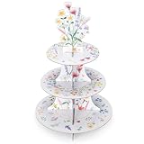Willinglong 1 Piece Wildflowers Cupcake Stand Party Decorations 3 Tier Floral Cardboard Cupcake Tower Flower Theme Cake Holder for Baby Shower Birthday Supplies