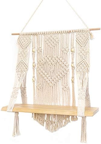 Kino Boho Style Macrame Rope Woven Wood Shelf Tapestry Tassel Wall Floating Hanging Art Organizer Hanger Home Decor Handmade Craft