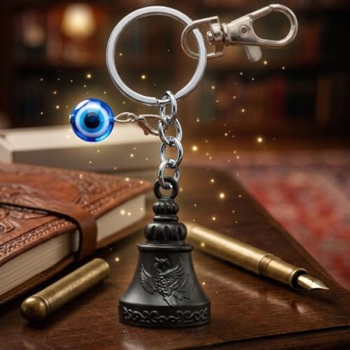 Image of OTTAVO Premium Guardian Bell Keychain for Bike & Car | Tibetan Texture Bell Keychain with Evil Eye & Silver Hook | Good Luck Charm with Laser-Engraved Wooden Gift Box
